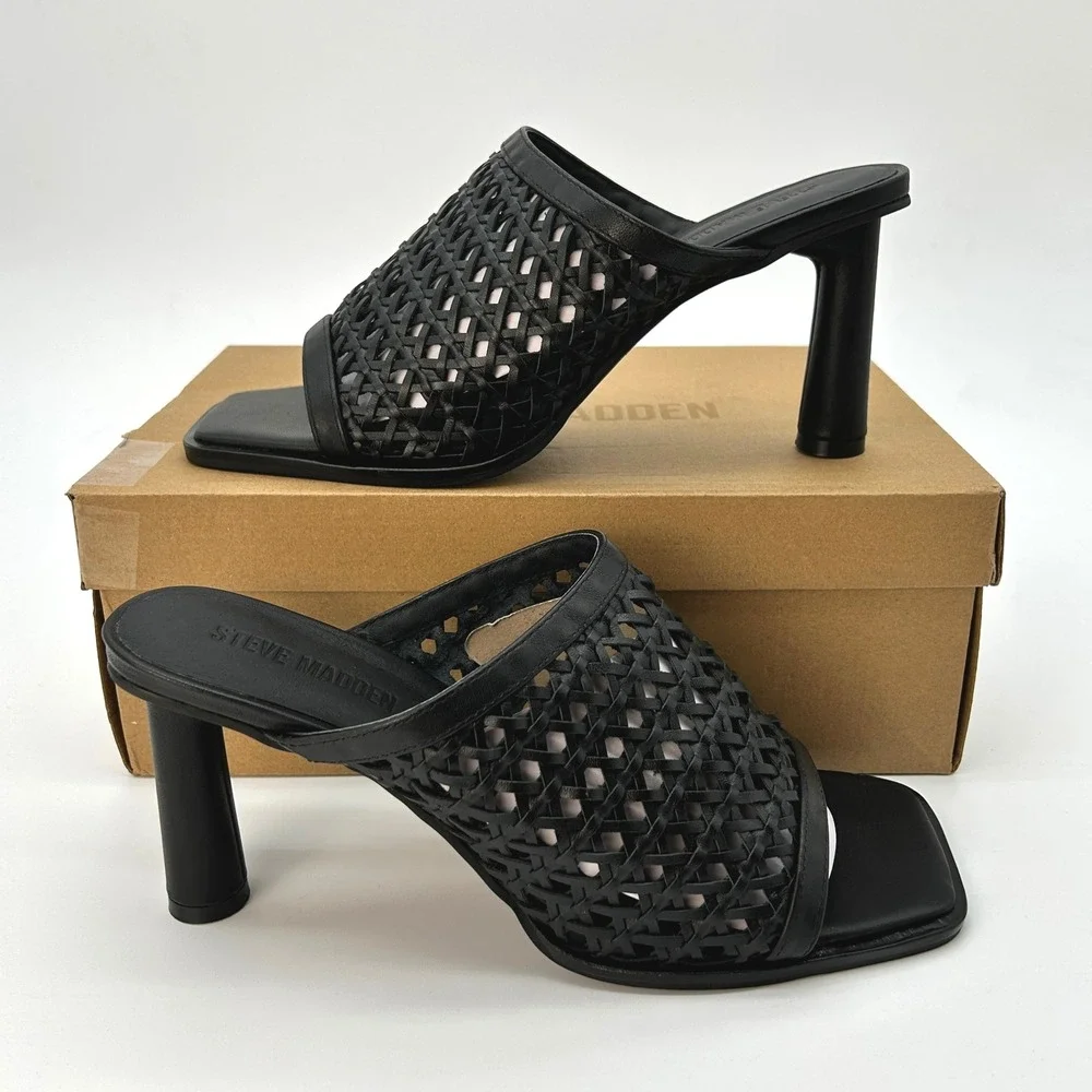Block Heel Sandals Steve Madden Fresca Womens Size 11 Black Woven Leather NEW